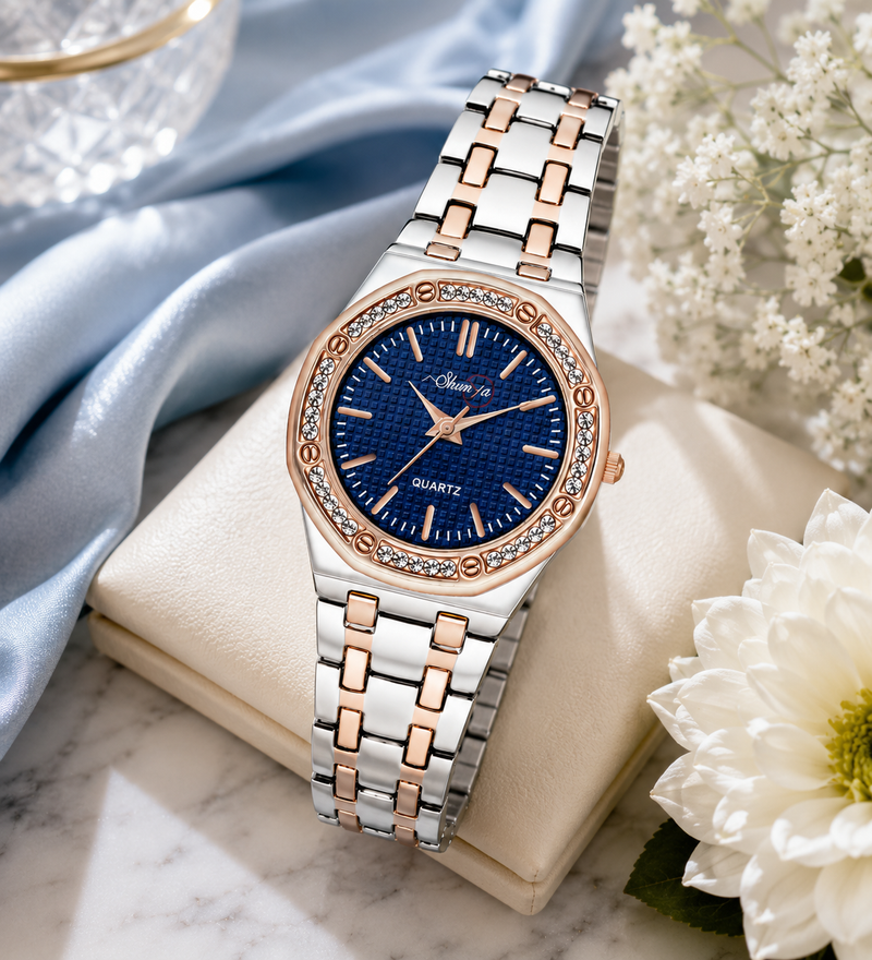 Shunya Blue Round Dial Crystal Studded Bezel Rose Gold Bracelet Analog Watch close-up