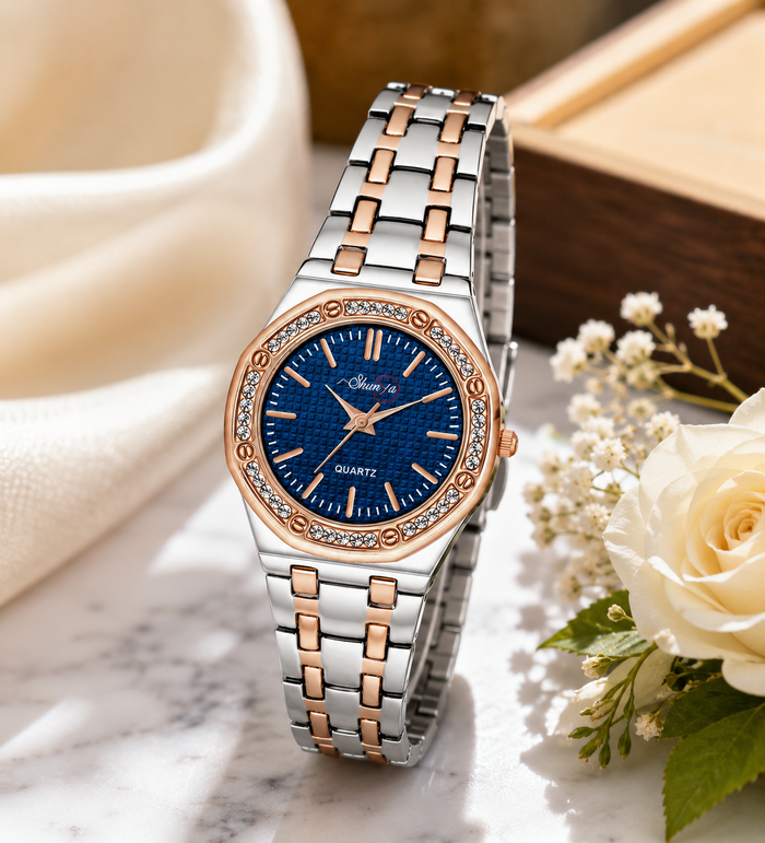 Shunya Blue Round Dial Crystal Studded Bezel Rose Gold Bracelet Analog Watch styled