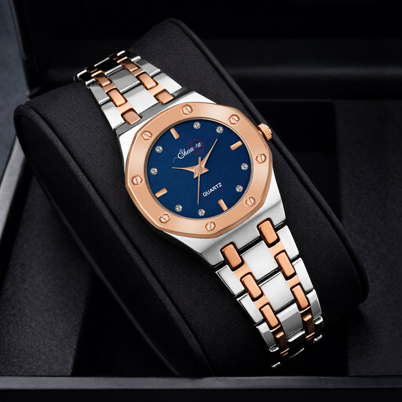 Shunya Premium Blue Dial with Rose Gold Bezel Fashion Wrist Watch for Ladies close-up