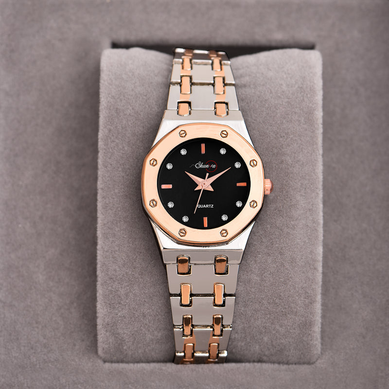 Shunya Black Round Dial Luxury Women's Quartz Analog Watch close-up
