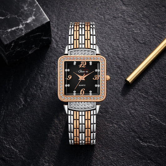Premium Black Diamond Square Watches For Girl's & Woman