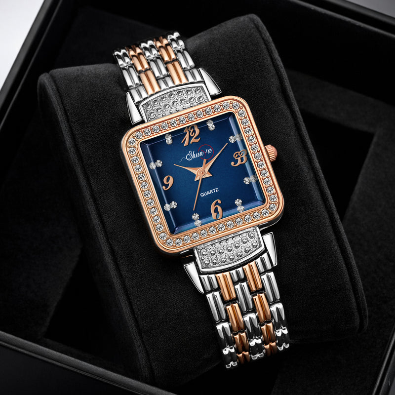 Shunya Luxury Designer Blue Dial with Crystal Studded Bezel Women's Watch close-up