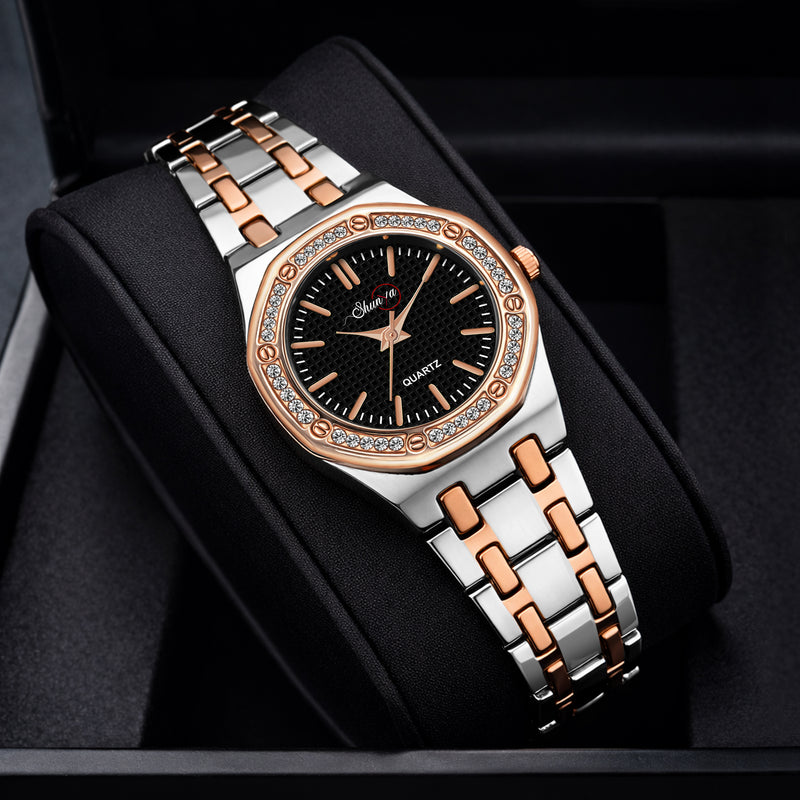 Shunya Diamond Studded Black Dial, Rose Gold & Silver Luxury Women's Watch close-up