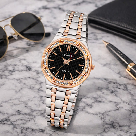 Luxury Elegant Black Round Dial Diamond Watches For Girl's & Woman