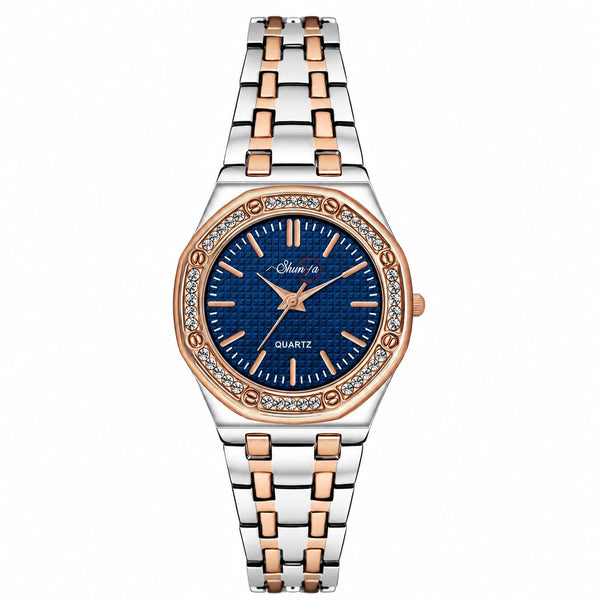 Shunya Blue Round Dial Crystal Studded Bezel Rose Gold Bracelet Analog Watch