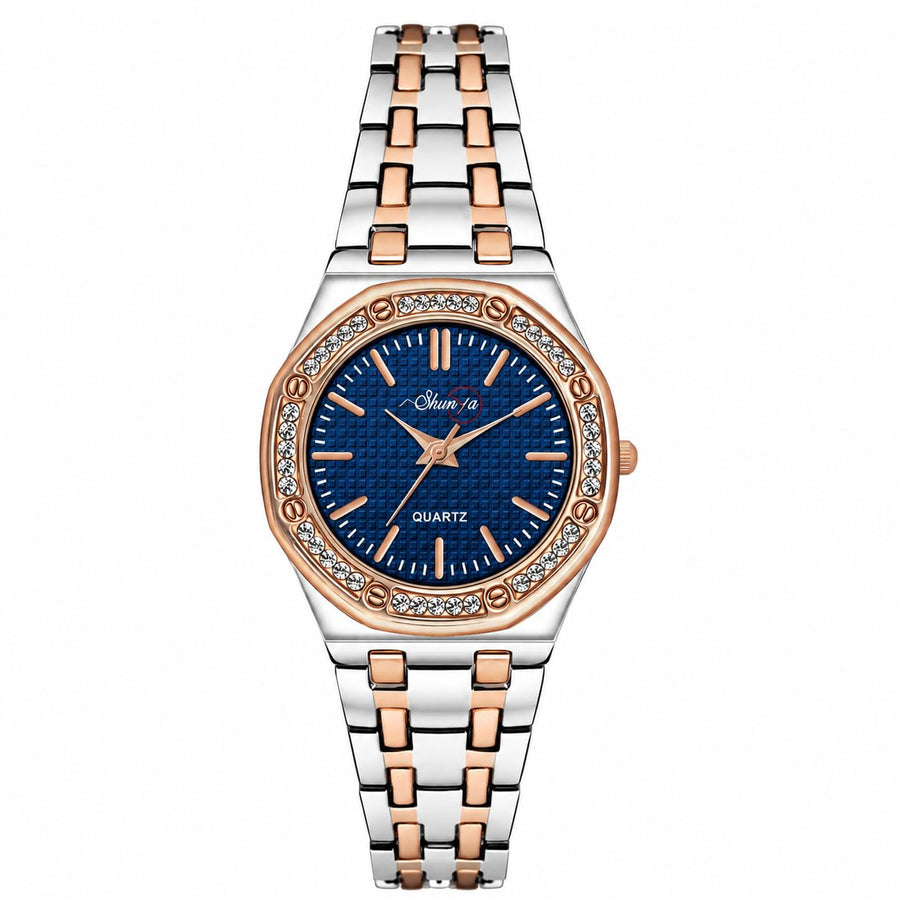 Shunya Blue Round Dial Crystal Studded Bezel Rose Gold Bracelet Analog Watch