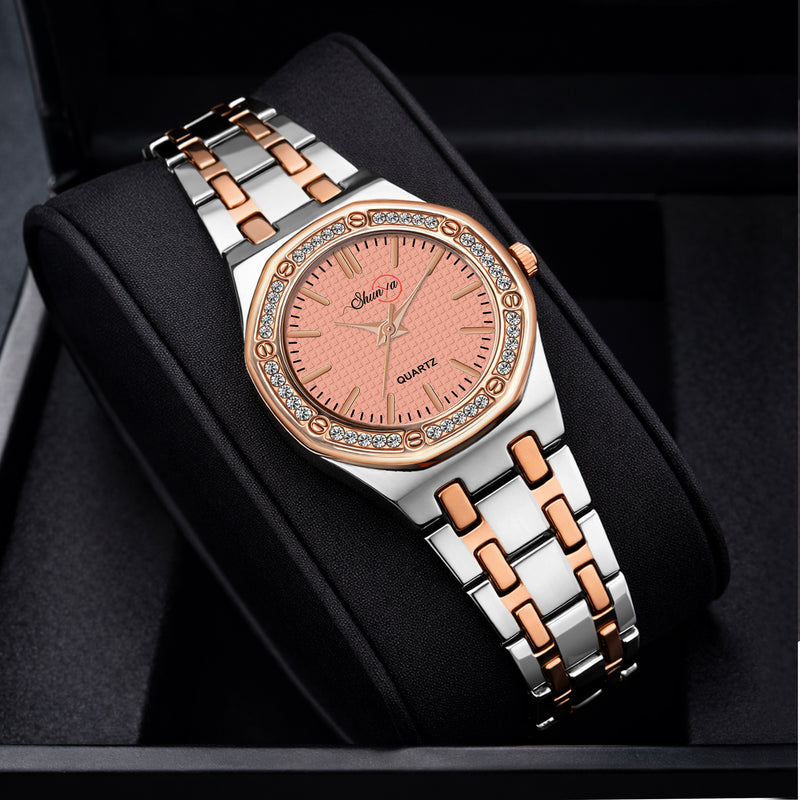 Shunya Elegant Pink & Rose Gold Dial Diamond Studded Analog Watch for Women close-up
