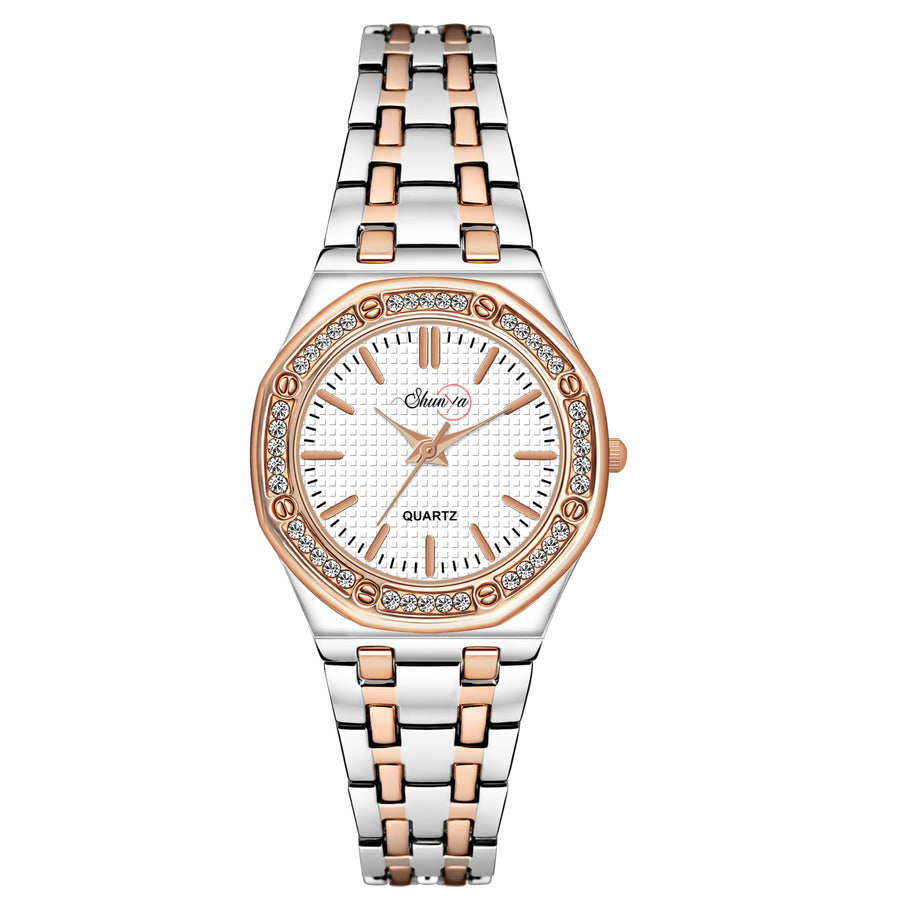 Shunya White Rose Gold Dial, Crystal Diamond Studded Bezel Luxury Gift Watch