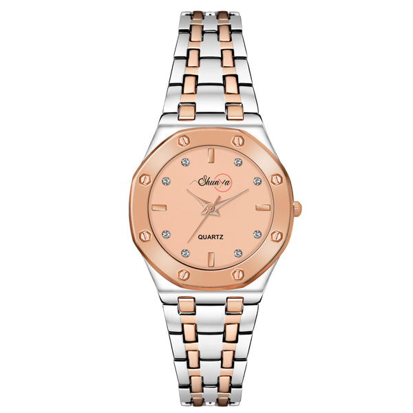 Shunya Luxury Peach Dial Diamond Studded Fashion Wrist Watch for Ladies