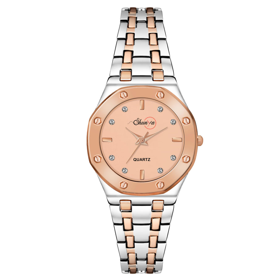 Shunya Luxury Peach Dial Diamond Studded Fashion Wrist Watch for Ladies