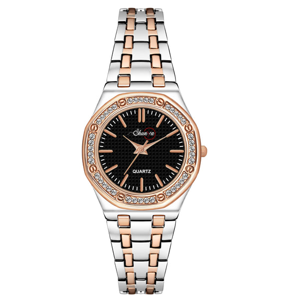 Shunya Diamond Studded Black Dial, Rose Gold & Silver Luxury Women's Watch