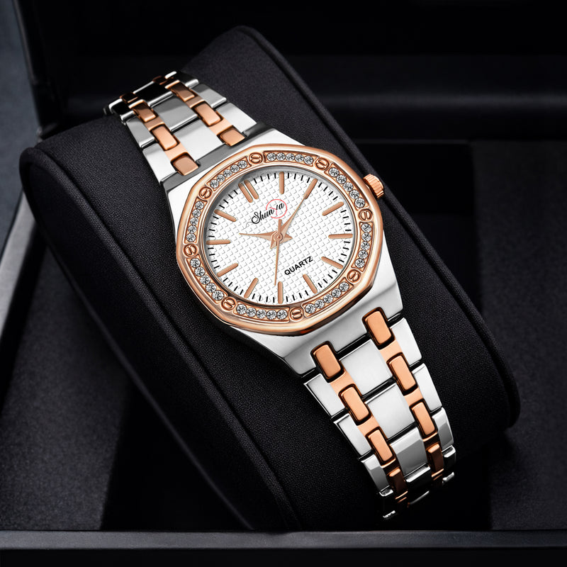 Shunya White Rose Gold Dial, Crystal Diamond Studded Bezel Luxury Gift Watch close-up