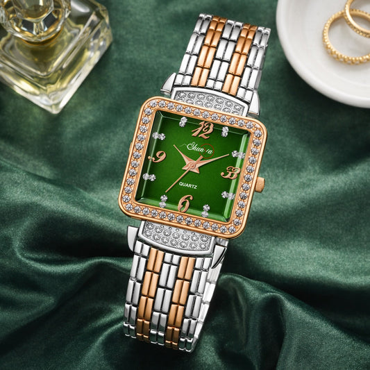 Premium Green Diamond Square Watches For Girl's & Woman